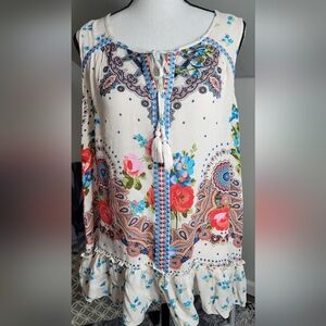 Bila Floral Embroidery Boho Sleveless Ruffle Blouse Shirt Top With Tassels